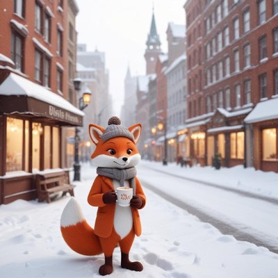 Fox character enjoying winter in a snowy city street