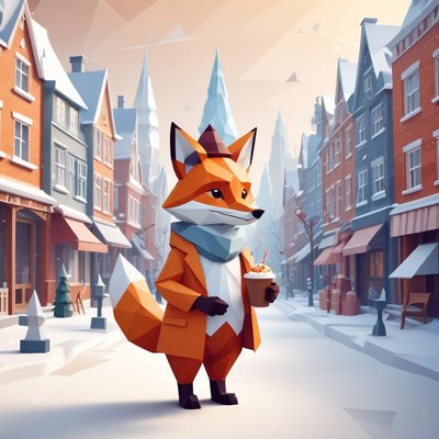 Fox character enjoys a winter day in a snowy street