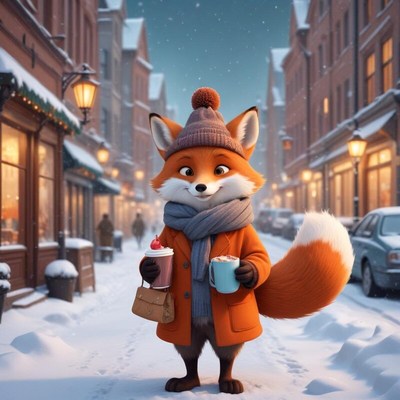 Winter fox enjoys warm drinks in a snowy town scene