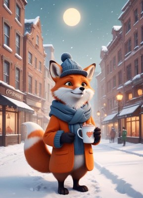 Winter scene with a fox enjoying a warm drink
