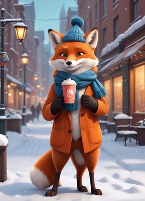 Cheerful fox enjoying warm drink in snowy street