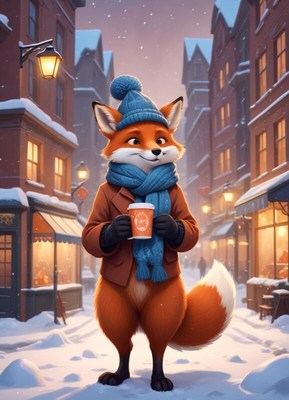 Fox enjoys winter stroll in a cozy snowy town