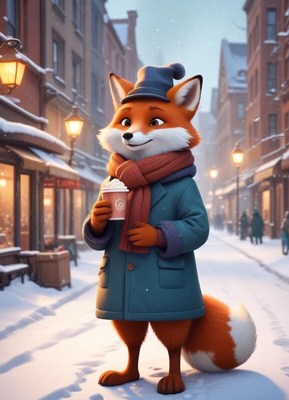 Fox enjoys warm drink in a snowy town setting