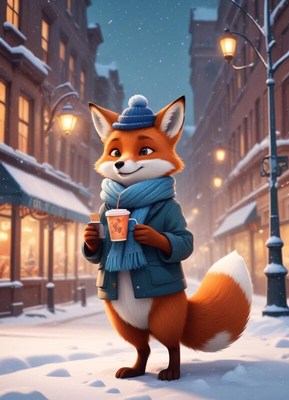 Fox character enjoying warm drink in snowy winter street