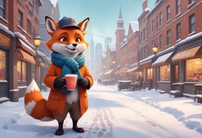 Fox character standing on a snowy street in winter