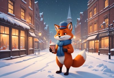 Winter scene with a fox enjoying a warm drink