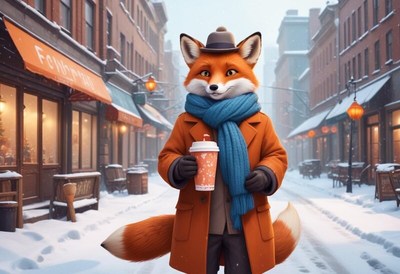 Fox character enjoying winter day in a snowy street