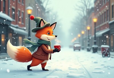 Charming fox enjoys warm drink in snowy city street