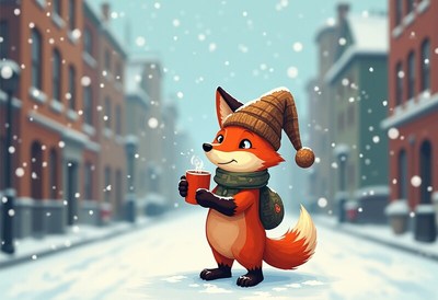 Fox enjoying warm drink in snowy city street