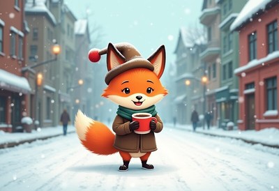 Cute fox enjoying hot drink in winter street setting