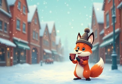 Cheerful fox enjoys hot drink in snowy town scene