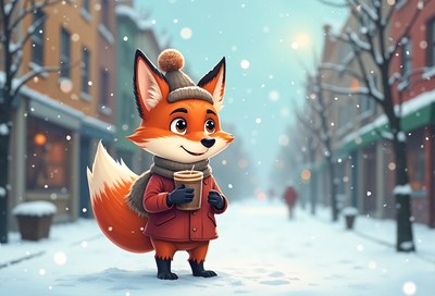 Cute fox character enjoying coffee in snowy street scene