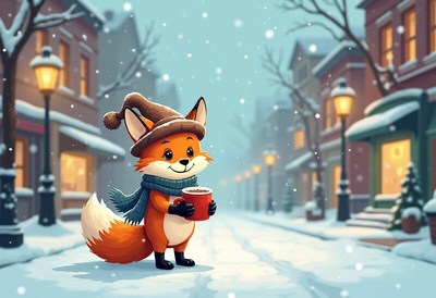 Fox enjoys hot drink on snowy street in winter scene