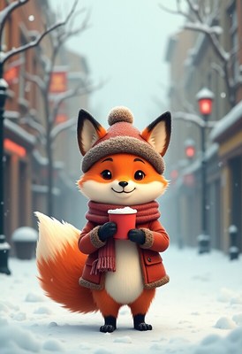 Cozy fox enjoys a warm drink in snowy street