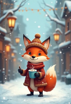 Cute fox enjoying hot chocolate in winter street scene