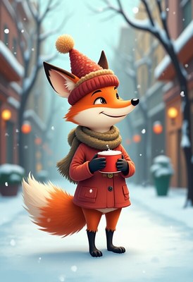 Fox enjoys a warm drink in the winter street setting