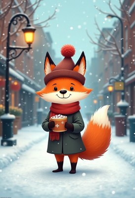 Fox character enjoying winter in a snowy street
