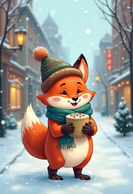 Cute fox holds warm drink in snowy street scene