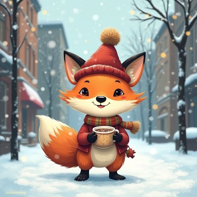 Cute fox wearing a red hat enjoys hot cocoa in winter