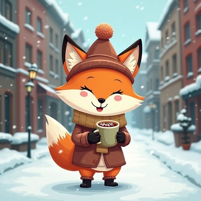 Fox character enjoying hot drink in winter street scene