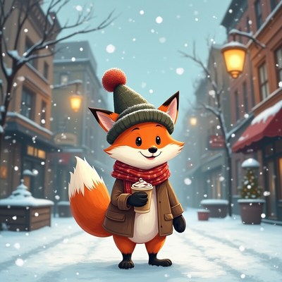 Winter scene with a charming fox in cozy clothing