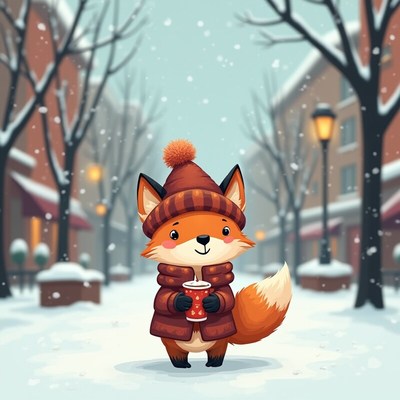 Cute fox wearing a hat enjoys winter in a snowy town