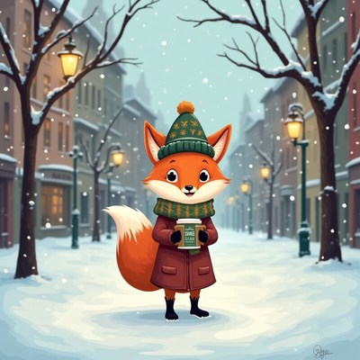 Fox enjoying a snowy day in a cozy street scene