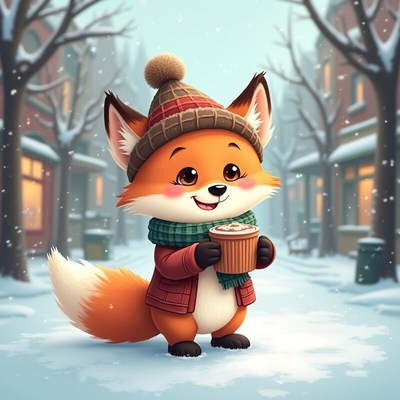 Cute fox enjoying warm drink in snowy street scene
