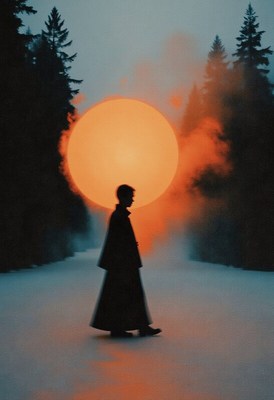 Silhouette against a large sunset near a forest