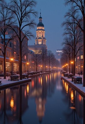 Winter evening by the canal in a city square