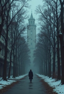 Mysterious figure walking down foggy street lined with trees