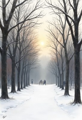 Snowy winter pathway with people near a bench