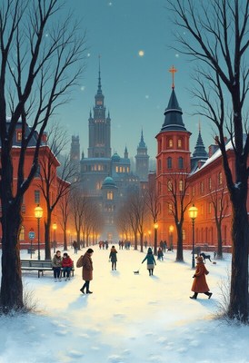 Winter evening stroll in a snowy city square
