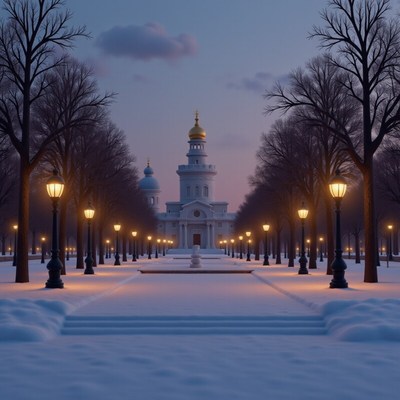 Snowy evening at a serene park with glowing streetlamps