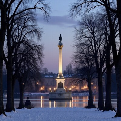 Scenic dusk view of a monument surrounded by winter trees