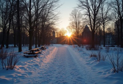 Snowy park path at sunset with trees and benches