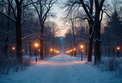 Peaceful winter evening in a snow-covered park pathway