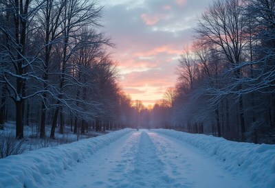 Snow-covered path leading into a winter sunset