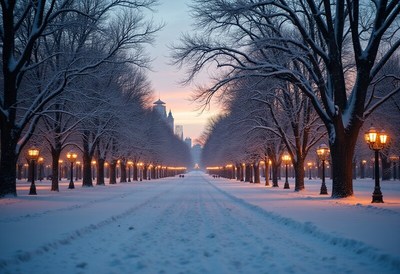 Snowy winter evening along a tree-lined path in the park