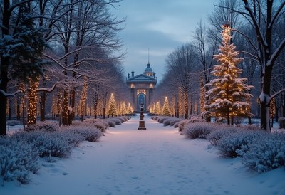 Snowy park path with trees lit for evening stroll