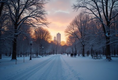 Snow-covered park path with sunset and city skyline