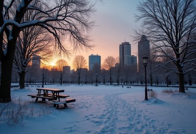 Sunrise over snowy park with city skyline in winter