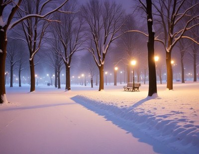 Snowy evening stroll through a quiet park with lights