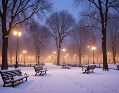 Snowy park evening lights create a serene winter scene