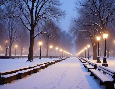 Winter evening in a quiet park with glowing street lamps