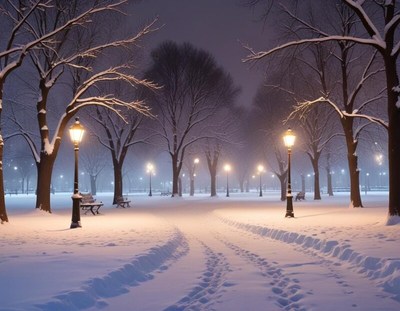Winter nighttime scene in a snowy park with lanterns