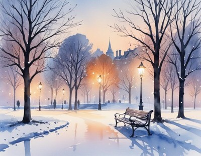 Snowy winter evening in a quiet park with glowing lights
