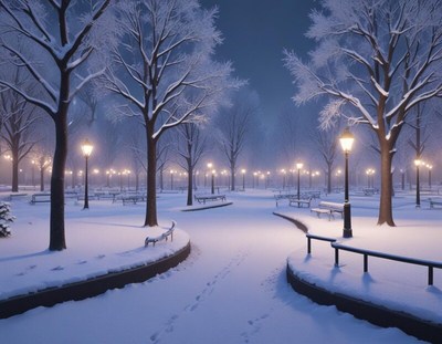 Winter night in a snowy park with dim lights and paths