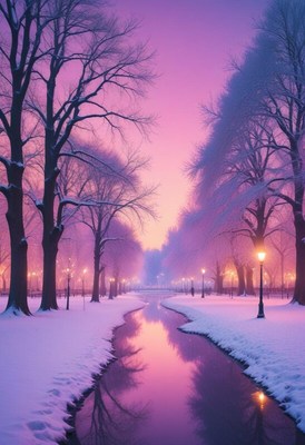 Winter twilight sky over snowy park pathway
