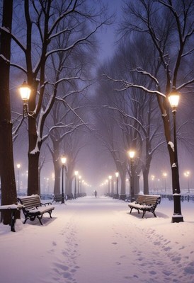 Romantic winter evening in a snowy park with street lamps